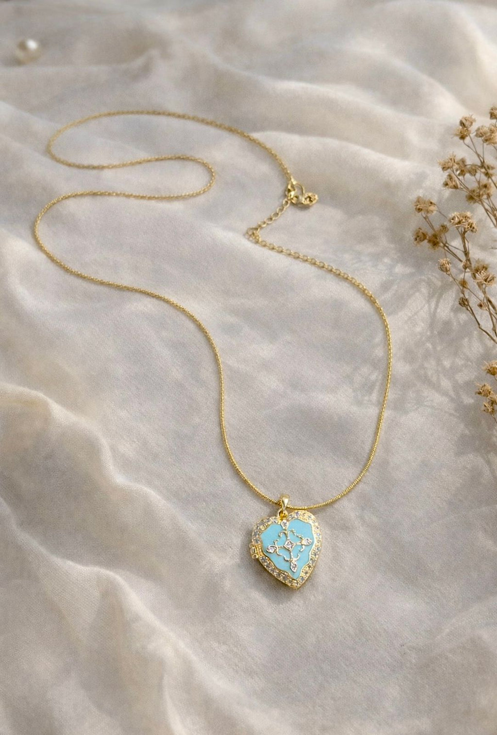 Aqua Blue Heart Enamel Locket Necklace