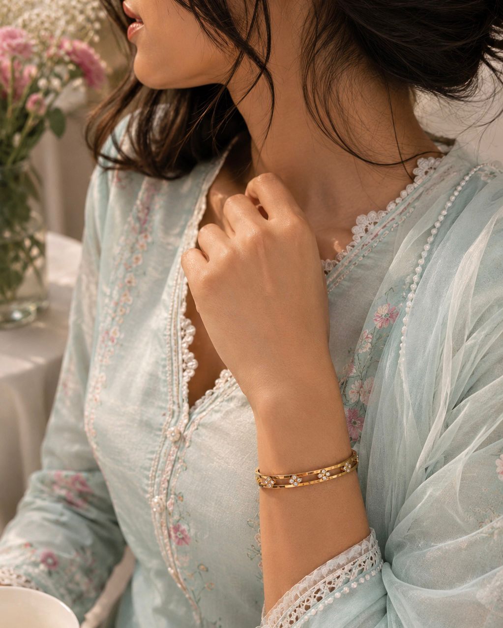 Floral Charm Bangle Bracelet