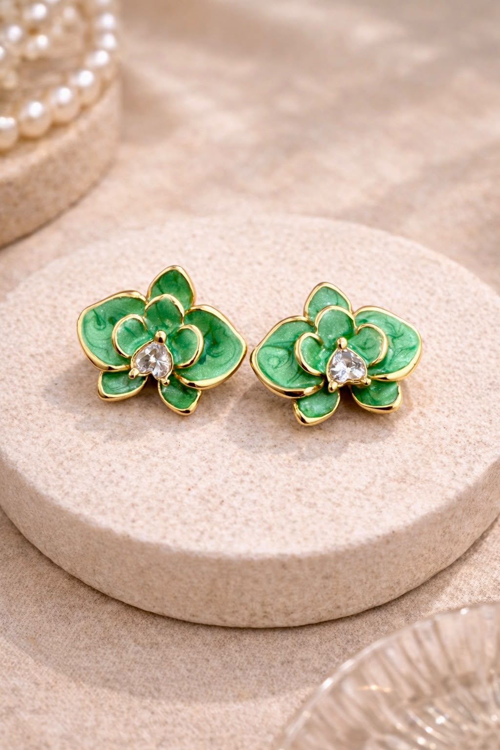 Mint Floral Crystal Stud