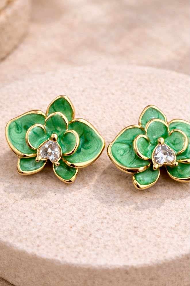 Mint Floral Crystal Stud