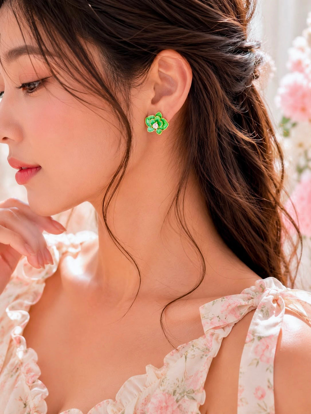 Mint Floral Crystal Stud