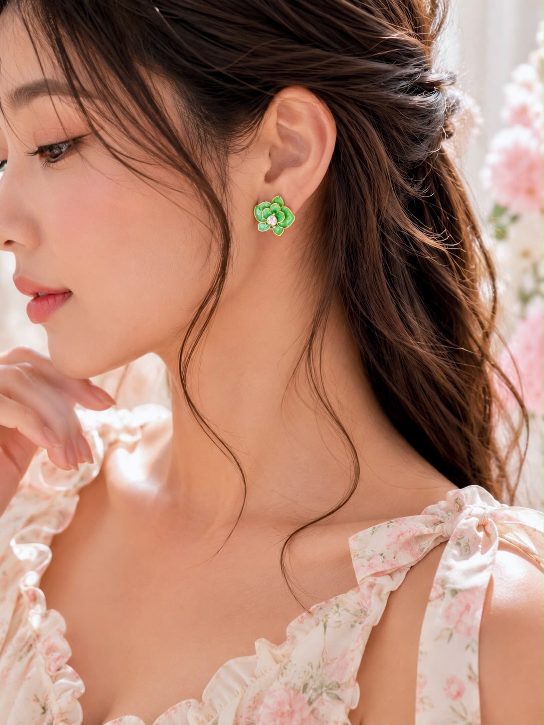 Mint Floral Crystal Stud