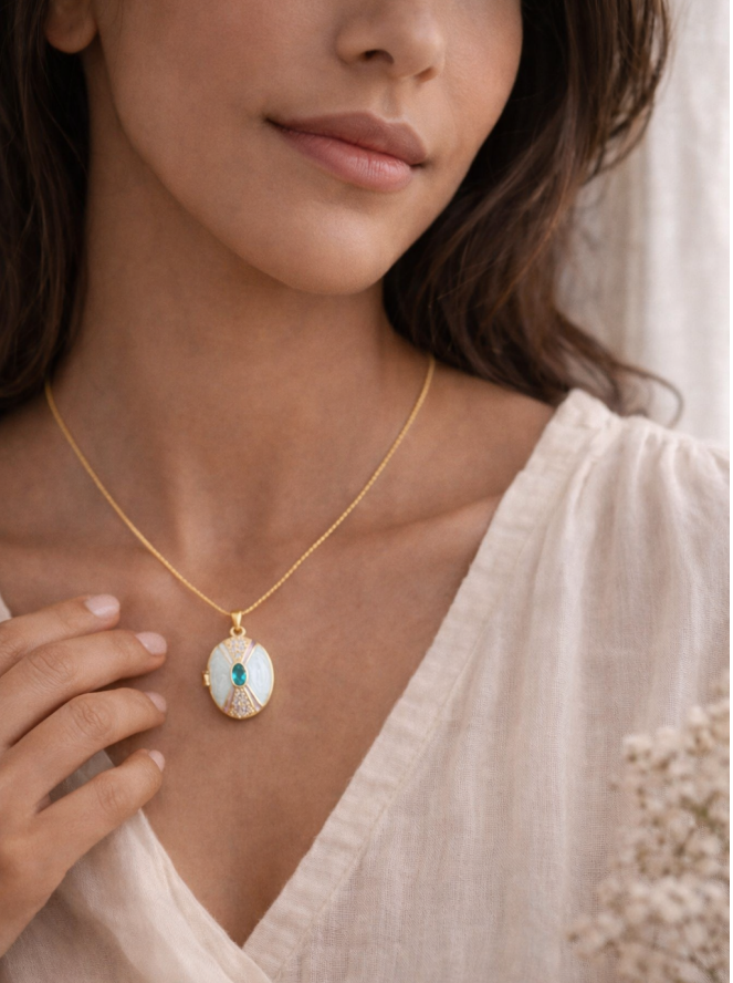 Mint Blue & Teal Stone Enamel Locket Necklace